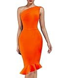 UONBOX Women's One Shoulder Sleeveless Bodycon Dress Midi Mermaid Party Bandage Dress Orange S