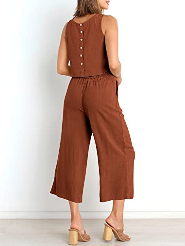 Image of ANRABESS Women's Summer 2 Piece Outfits Sleeveless Tank Crop Button Back Top Cropped Wide Leg Pants Set Pockets