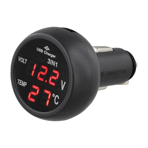 Cargador de coche multifuncional con pantalla LCD, control de la temperatura de tensión, 12 V, 24 V, compatible con voltímetro, termómetro, pantalla digital, color negro, 76 x 47 mm, fácil instalación