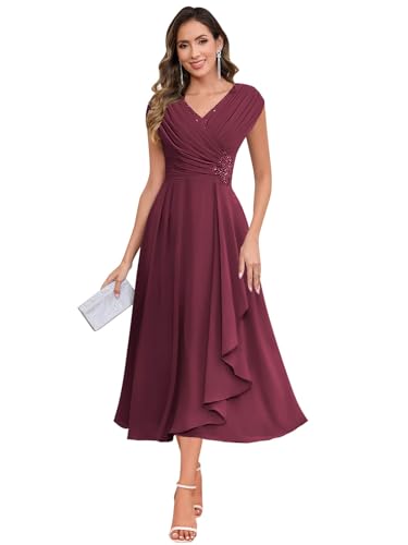 Image of SOLODISH Mother of the Bride Dresses for Wedding Tea Length Chiffon A Line Formal Wedding Guest Party Gown