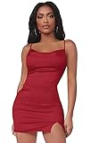 Verdusa Women's Split Hem Cowl Neck Spaghetti Strap Satin Cami Bodycon Dress Red XS