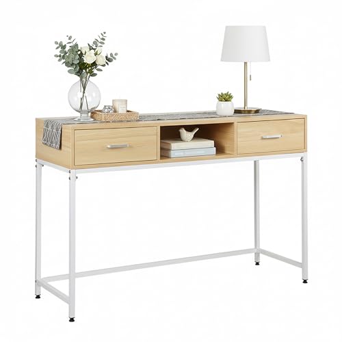 Console Relaxdays HxLxP 80x120x40 cm, 2 tiroirs, entrée & Salon, Design scandinave, métal/MDF, Blanc/Naturel