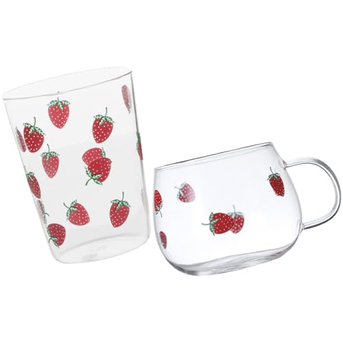 ELEOUTI Taza de Vidrio para Leche y Jugo Diseño de Fresa, Juego 2 Piezas, Vaso Decorativo Transparente, Taza Multifunción para Hogar, Oficina y Restaurante