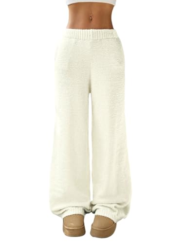 Image of ZAFUL Women's Fuzzy Plush Pajama Pants Wide Leg Pj Bottoms Lounge Pants | Soft Fluffy Sleep Pants Drawstring Elastic Waist Teddy Pjs for Women No Pockets