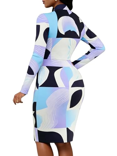 Image of MsavigVice Women's Long Sleeve Mandarin Collar Knee Length Bodycon Dress | Vibrant Abstract Prints, Multiple Pattern Options, Soft Stretch Fabric