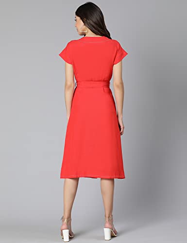 Image of oxolloxo Women Cotton Shirt Regular Sleeves Solid Party Dress