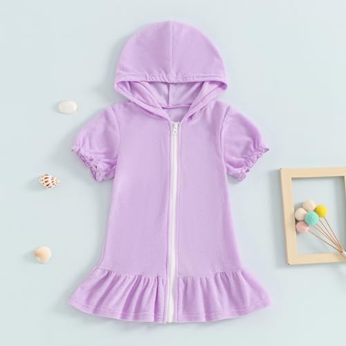 Image of Girls Swim Cover Up Kids Short Sleeve Swimsuit Coverups Terry Zip-Up Hoodies Beach Dress Ruffle Bathing Suit Wraps
