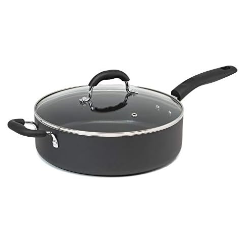 Goodful Aluminum Non-Stick Sauté Pan Jumbo Cooker with Helper Handle and Tempered Glass Steam Vented Lid, Made Without PFOA, Dishwasher Safe, 5-Quart, Charcoal Gray Cover