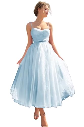 Image of A line Ruched Tulle Prom Dress Spaghetti Straps for Women, Tea Length Sweetheart Homecoming Dress Cocktail Dress