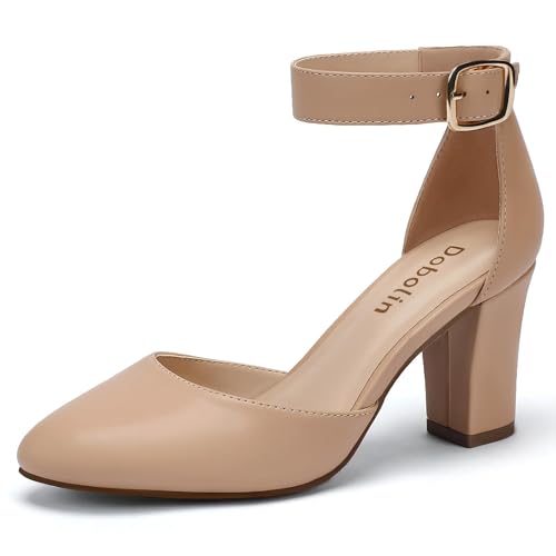 Image of 3 Inch Wide Width Chunky Heels for Women Closed Toe Heels Dress Shoes for Womens Round Pumps Ankle Strap Block Heel Bridesmaid Wedding Prom Party Comfortable (Check Size Chart Before Select)