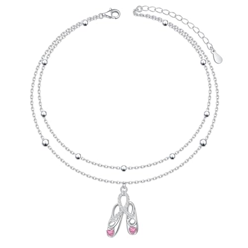 FLYOW Ballet Shoes Layered Anklet for Women 925 Sterling Silver Adjustable Ballet Ankle Bracelet Boho Beach Foot Chain 9+2 Inch Charm Jewelry Ballet Lover Gifts (Ballet Shoes)