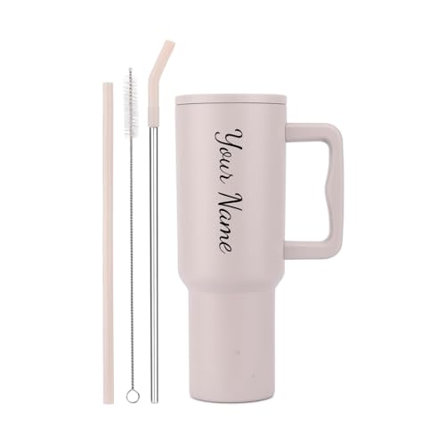 Image of SKDBPM Personalized Stainless Steel Tumbler with Handle, 1200ml Capacity, Black Insulated Travel Mug with Straw, Custom Name Design (Light Cream)