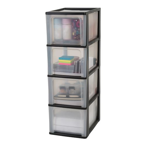 Iris Ohyama, Kunststoff Schubladenbox mit 4 tiefen Schubladen, Schwarz, Easy-Pull-System, A4, A5 & A6 Format, Schreibtisch Organizer für Büro, Schreibwaren, BPA-frei, Schubladenschrank, OCH-2400