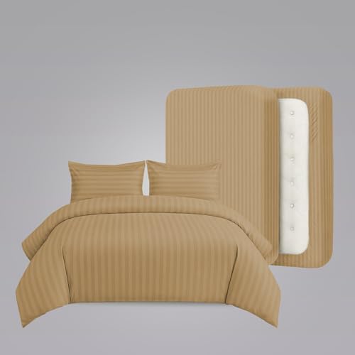 Image of LINENWALAS Cotton 300 TC Fitted Bed Sheet for Queen Bed | Signature 2 CM Sateen Stripe Design | All-Around Elastic for 4-8 Inch Mattresses | Luxury Hotel-Style Bedding (60 x 78, Beige)