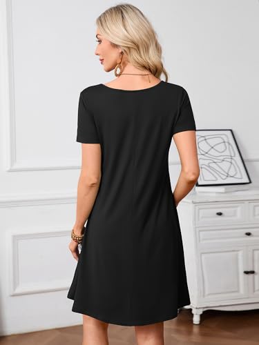 Image of Heymoments Summer Dresses for Women Short Sleeve V Neck Swing Sundress Casual A-Line Flowy Dress with Pockets S-2XL