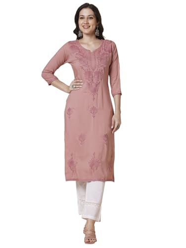 Image of RATAN Rayon Straight Lucknowi Chikankari Ethnic Wear Kurta for Women