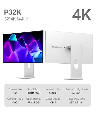 Image of P32K 32'' UHD (3840 x 2160) 4K 144Hz Glossy Monitor, IPS Panel, 10-Bit Color, 99% sRGB, 96% DCI-P3, 139PPI, HDR, Low Blue Light, Eye Care (Minimalist - with Stand)