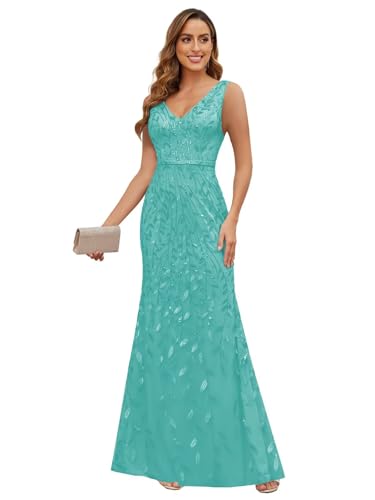 Women's Sparkly Mother of Bride Dresses Sequin Double V-Neck Sleeveless Mermaid Long Formal Evening Dress4