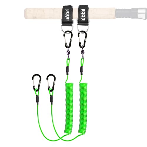 Booms Fishing T02 Fishing Pole Tether with 5.9' Belt, Heavy Duty Kayak Leash for Tools/Rods/Paddles, Green 2pcs