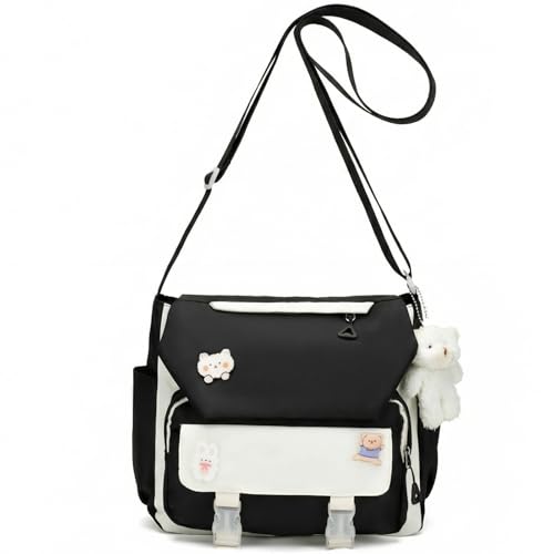 PRLINJSK Bolsa carteiro Kawaii para meninas adolescentes e mulheres, bolsa de ombro transversal com alfinetes e pingente de presente de pelúcia, Preto, M