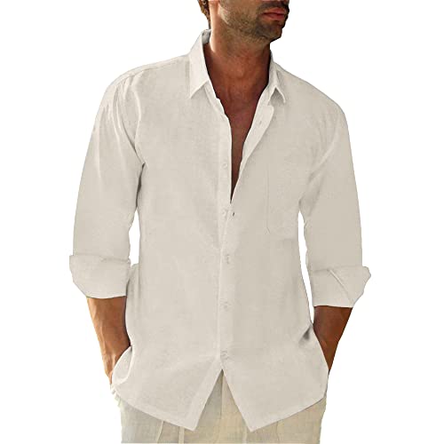 Friptspyg Leinenhemd Herren Langarm Baumwolle Leinen Hemd Herren Freizeithemden Casual Regular Fit Sommerhemd mit Tasche, Beige XL
