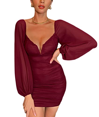seiveini Mujer Vestido Ajustado Manga Larga Verano Cuello en V Sexy Vestido de Noche Fiesta Ceremonia Plisada Vestido de Corto Elegante Chic Cremallera Trasera A Vino Tinto M Cover