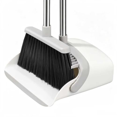 Image of Broom with Dustpan Combo Set, Hand Broom and Dustpan Set for Sweeping Indoor Angle Broom for Home Office Kitchen Lobby Floor Pet Hair Indoor&Outdoor Cleaning (White&Gray)