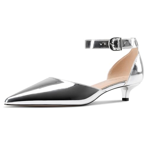 Image of Aachcol Women Kitten Low Heel Ankle Strap Pumps Pointed Toe Sandals Dress Shoes Party Office Wedding 1.5 Inch