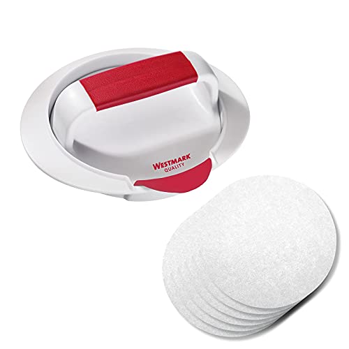 Westmark Set de hamburguesas, 2 unidades, Hamburguesera con elevador + papel para hamburguesas (80 unidades), Plástico/Papel, Blanco/Rojo, 623322E6