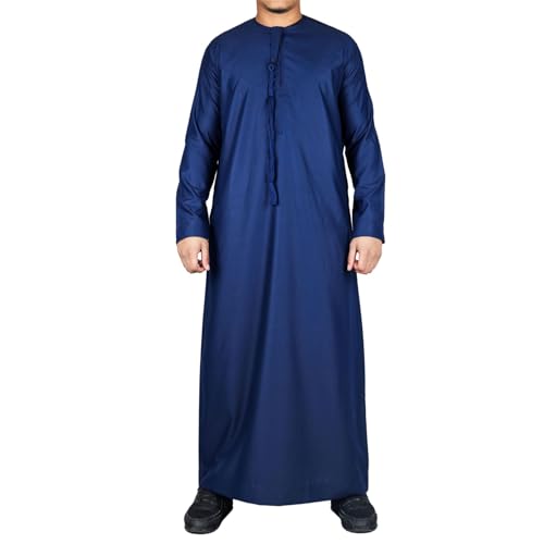 Men's Thobe Emirati Omani Jubba Islamic Clothing Muslim Kaftan Eid Robe Arab String Tassel