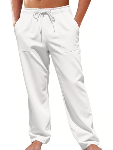 Runcati Mens Casual Pants Elastic Waist Drawstring Linen Lightweight Loose Fit Pants Summer Beach Yoga Trousers
