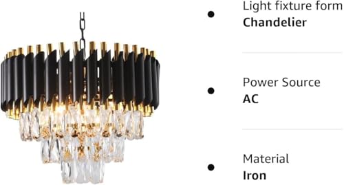 Image of Luxurious 400mm Black Gold Modern Chandelier with K9 Crystals | Warm White, Moonlight & Golden Light | Ceiling Hanging Light for Living Room, Dining Room, Bedroom, Hallway