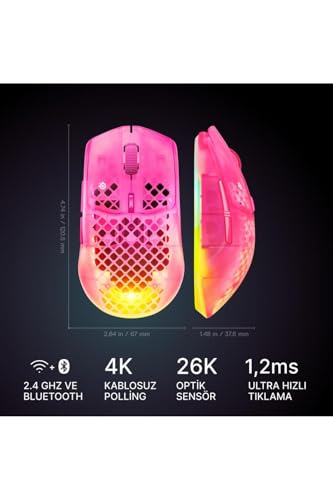 Image of SteelSeries Aerox 3 Wireless Gen 2 - Ultralight 68g Gaming Mouse, 4K Polling, 26K DPI Optical Sensor, 200 Hours Battery Life, IP54, 80 Million Clicks, RGB, Pure PTFE Gliding Feet, Magenta