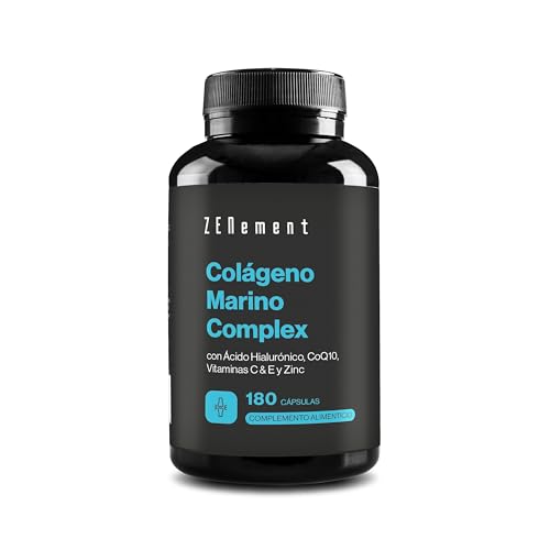 Colágeno Marino Hidrolizado con Ácido Hialurónico, Coenzima Q10, Vitaminas C & E y Zinc - 180 cápsulas (3 meses) Suplemento Articulaciones, Piel y Huesos - Péptidos Alta Concentración - Zenement