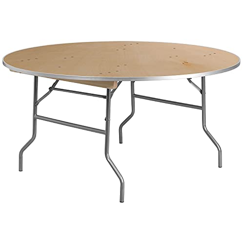 Flash Furniture Fielder 5-Foot Round HEAVY DUTY Birchwood Folding Banquet Table with METAL Edges, Natural
