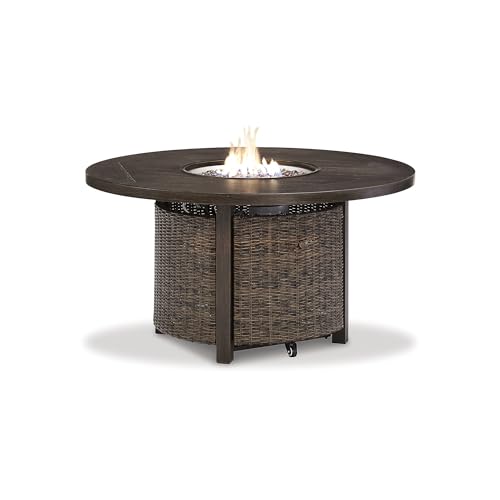 Image of Signature Design by Ashley Paradise Trail Traditional Nuvella Weather Resistant Fabric Outdoor Fire Pit Table and 4 Chairs, Beige & Dark Brown