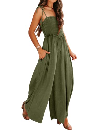 Deep Self Women Sleeveless Romper Square Collar Wide Leg Jumpsuit With Pockets(Army Green,M) #TOP2
