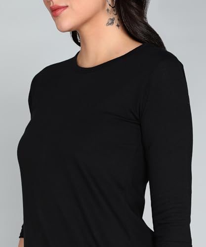 Image of FLEXIMAA Women's Cotton Plain Round Neck 3 /4 Sleeve Long Top