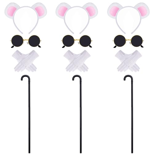 Pistha 3 Set Mouse Costume Accessories Mouse Ears Headband Sunglasses Blind Cane White Gloves for Halloween Adult Women Men