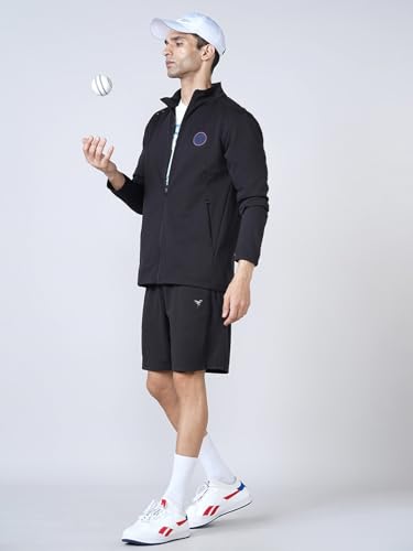 Image of TECHNOSPORT Men Solid Slim Fit Mock Neck Sports Jacket (Black) ELASTO PLUS 4-Way Stretch UPF50+ Polyester Full Zip Long Sleeve Jacket for Men Gym Running Workout Casual Athleisure
