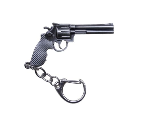 Porte-clés imitation pistolet a barillet en acier gris.