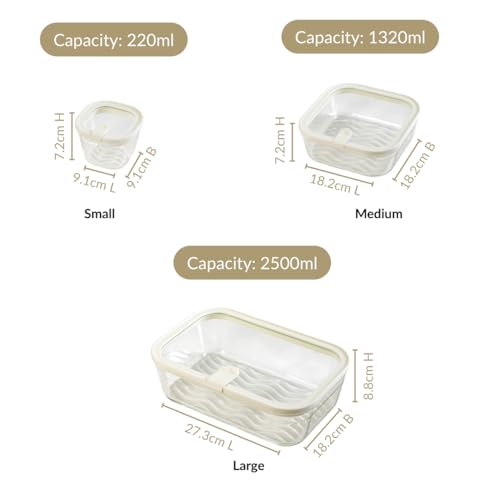 Image of Nestasia Vento Glass Containers with Lid Set of 4 (220ml x 2, 1320ml x 1, 2500ml x 1) - Microwave, Refrigerator & Dishwasher Safe Containers with Air Vent Lid for Fridge Storage (Cream)