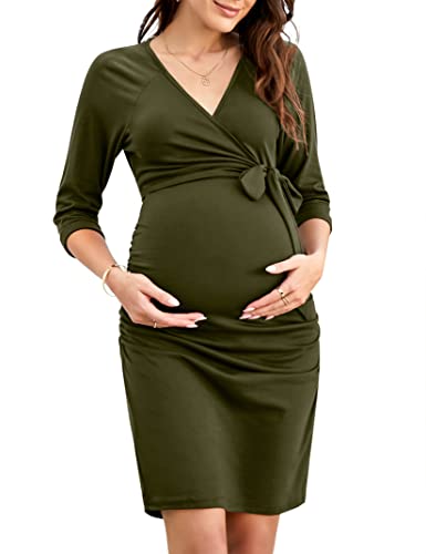 KOJOOIN Vestido de maternidad elegante para mujer, cuello en V, vestido de maternidad, vestido de lactancia con pliegues (embalaje múltiple), Verde Ejército (3/4 Manga), S