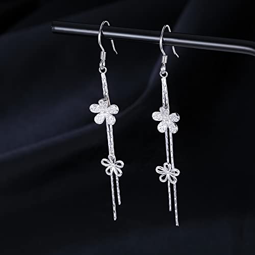 SLUYNZ Sterling Silver CZ Flower Dangle Earrings Chain for Women Teens Flower Drop Earrings Wedding Tassel4