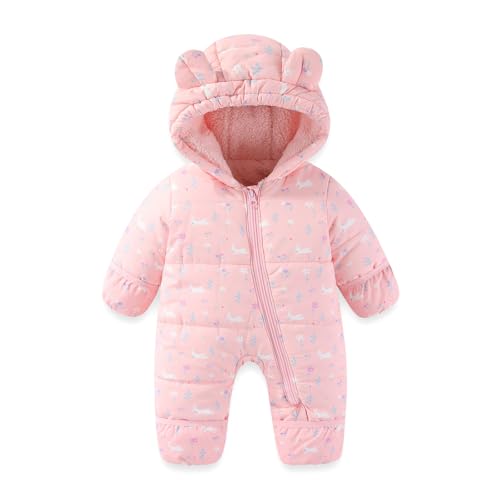 JiAmy Baby Toddler Snowsuit Winter Romper Suit, Baby Boys Girls Bear Hooded Footed Romper Snow suits Cartoon Zipper Jumpsuit Winter Outfits Clothes Pink 18-24 Months