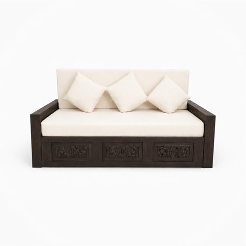 Image of SONA ART & CRAFTS Maharaja Sheesham Wood 3 Seater Sofa Cum Bed | Wooden 3 Seater Sofa for Living Room Wooden Furniture Sofa Bed for Home (Walnut Finish)