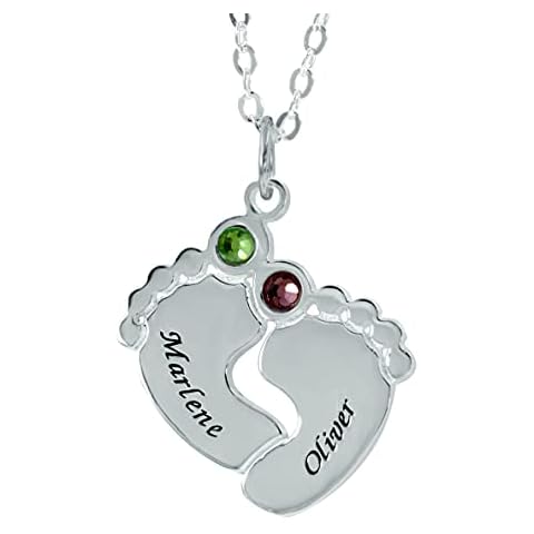 Lloveliness Baby Feet Necklace Personalised 2 Names Birthstones Pendant in Sterling Silver Keepsake Gift for Mum Cover