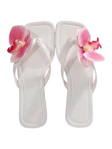 Image of GORGLITTER Women's Flower Flat Sandals Cute Square Toe Flip Flops Thong Dressy Vacation Summer 2026 Slides Shoes