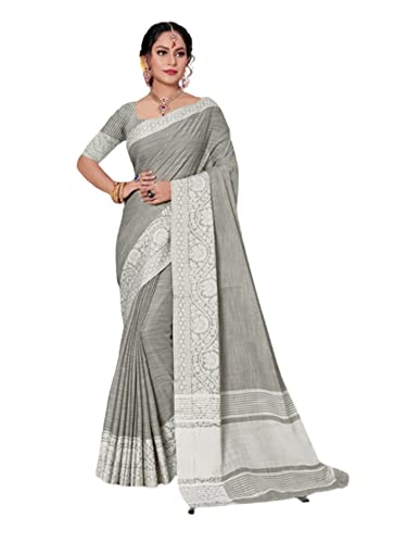 Sari indien gris en lin pour cérémonies et soirées élégantes avec bordure 2764