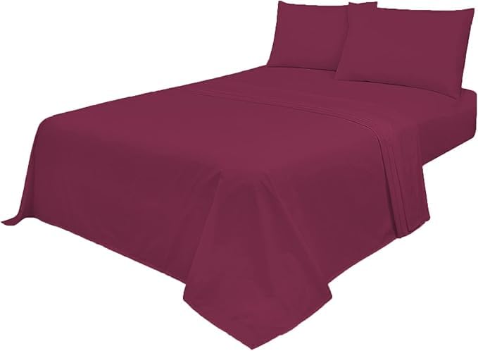 VL Easy Care 4-Piece Bed Sheet Set, Fitted Sheet, Flat Sheet, 2 Pillowcases, Poly Cotton Percale (Wine, Single)